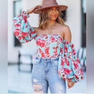 Hazel & Olive Balloon Sleeves Bright Floral Crop Top Medium Boho Festival